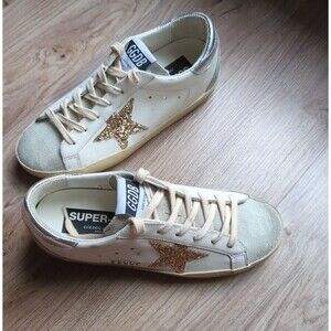 Golden Goose Super Star Glitter Gold Star White Leather Sneakers Womens 38